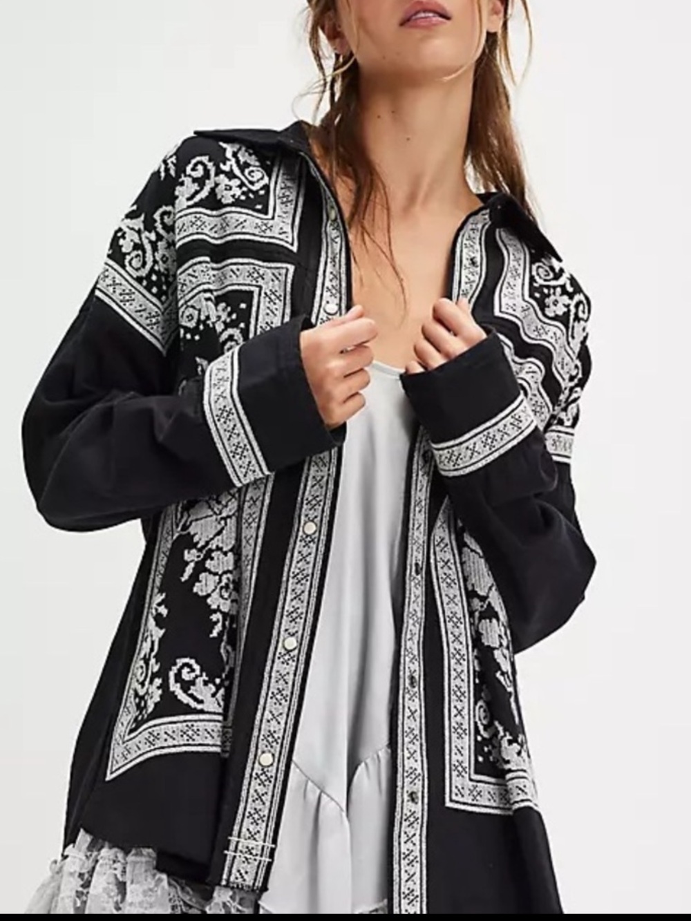 Free People We The Free Lace Embroidered Denim Shirt Size Medium